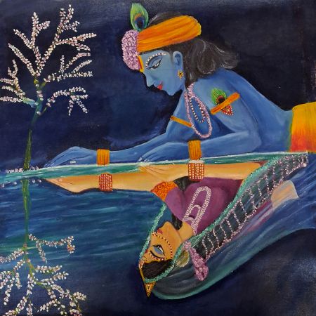 Handcrafted Radha Krishna Reflection Canvas Painting for Wall Decor